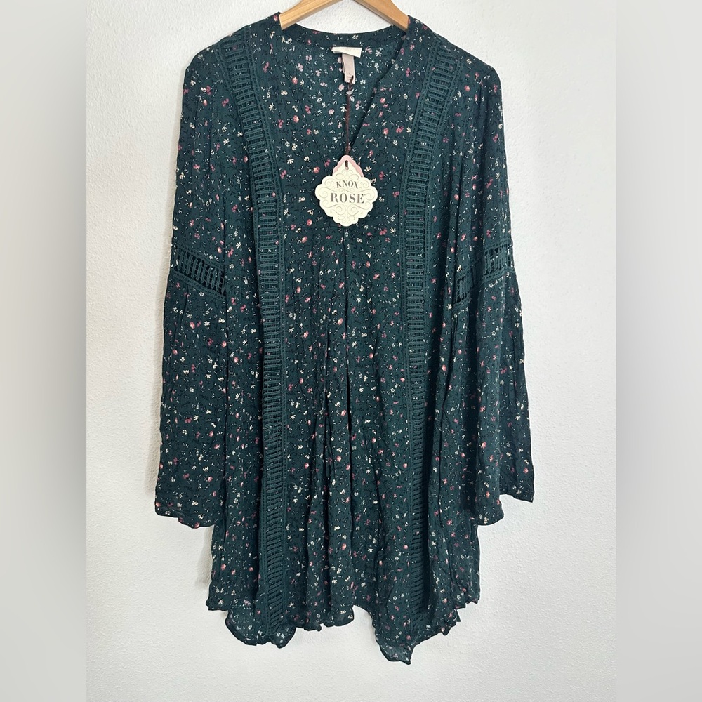 NEW Knox Rose teal floral dress Bell Sleeve Boho Large L